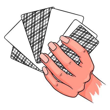 Gambling. Playing cards in hand. Casino, luck, fortuna. Six cards face down. Cartoon style. Vector illustration for design and decoration.のイラスト素材