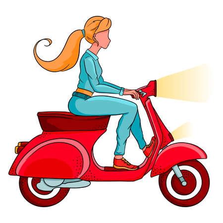 Young blonde girl on a red scooter. Vehicle. Cartoon style. Vector illustration for design and decoration.のイラスト素材