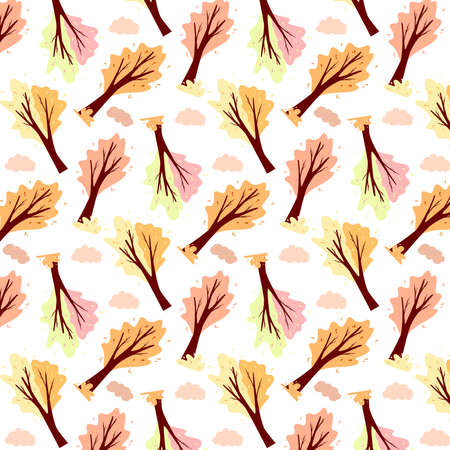 Autumn pattern. Abstract autumn tree and cloud. Ornamental plant. Cartoon style. Vector illustration for design and decoration.のイラスト素材