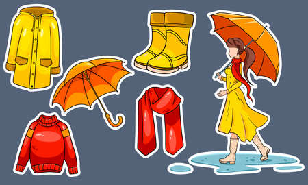 Autumn set. Collection of autumn items. Stickers. Girl with umbrella, scarf, raincoat, sweater, rubber boots, umbrella. Cartoon style. Vector illustration for design and decoration.のイラスト素材