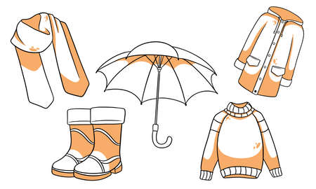 Autumn set. Collection of autumn items. Scarf, raincoat, sweater, rubber boots, umbrella. Line style. Vector illustration for design and decoration.のイラスト素材