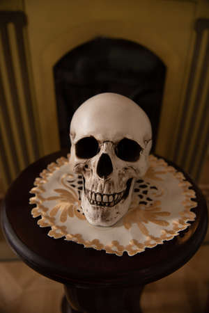 Old male skull on the table. Skull for the ritual. Human skull.の写真素材