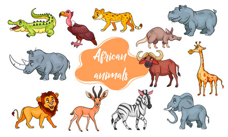 Large set of African animals. Funny animal characters in cartoon style. Children's illustration. Vector collection.のイラスト素材