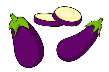 Eggplant set. Whole eggplant and cut wedges. In a cartoon style. Vector illustration for design and decoration.のイラスト素材