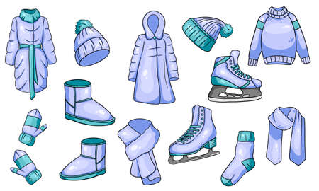 A set of winter things. Collection of warm clothes. Cartoon style. Vector illustration.のイラスト素材