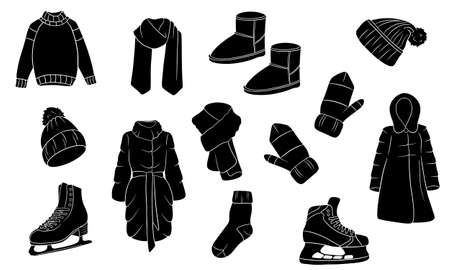 A set of winter things. Collection of warm clothes. Silhouette. Vector illustration.のイラスト素材