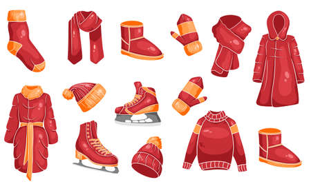 A set of winter things. Collection of warm clothes. Cartoon style. Vector illustration.のイラスト素材