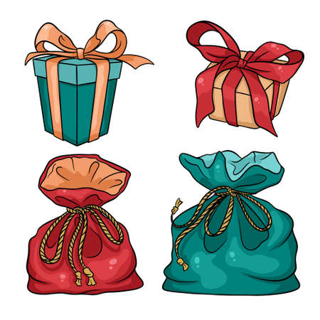 New Year and Christmas gifts and gift bags. Cartoon style. Vector set.のイラスト素材