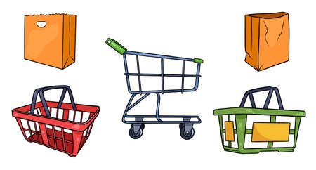 A set of packages and shopping baskets empty for groceries. In a cartoon style.のイラスト素材