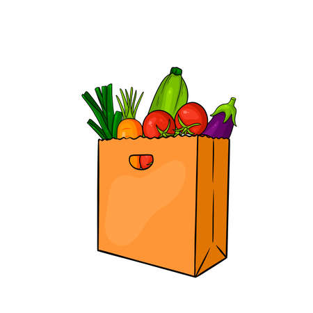 Eco paper bag with vegetables. Shopping in the store. In a cartoon style.のイラスト素材