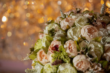 Beautiful wedding bouquet of different delicate flowers. background.の写真素材
