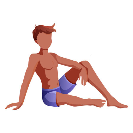 A black man is sitting on the beach in swimming trunks. Rest on the sea. Vector illustration isolated on white background.のイラスト素材