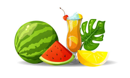 Still life from summer bright eida. Watermelon, lemon wedge, refreshing cocktail and tropical leaf. vector illustration.のイラスト素材