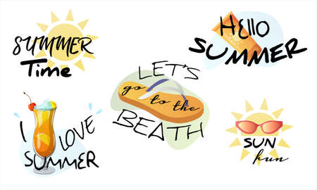 Summer labels and elements for summer holidays, travel, beach holidays, sunshine. vector illustration.のイラスト素材