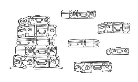 Classic retro travel suitcases lie on top of each other and individually. cartoon style. line. Vector illustration isolated on white background.のイラスト素材