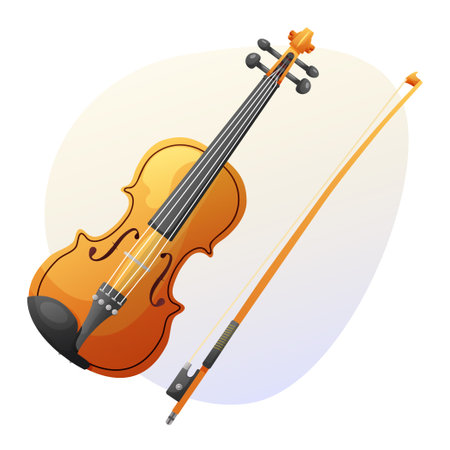 Classical wooden violin or viola with a bow. Music instrument. Vector illustration for design. cartoon style. flat style.のイラスト素材