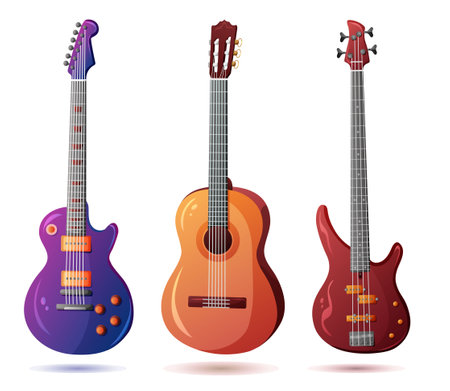 Set of vector guitars. Acoustic guitar, bass guitar, electric guitar. vector illustration. cartoon style.のイラスト素材
