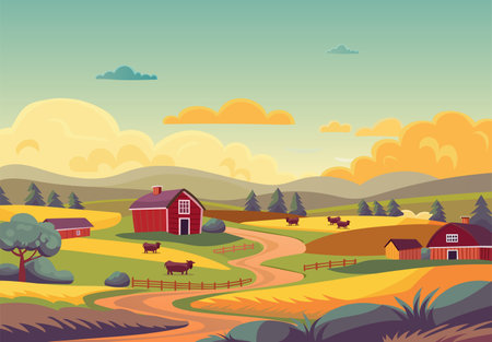 Rural landscape illustration for background. Farmhouse and barns, cows grazing through the fields. vector illustration. cartoon style.のイラスト素材