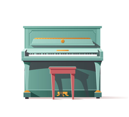 Classic green upright grand piano with banquette. Music instrument. Vector illustration for design. cartoon style. flat style.のイラスト素材
