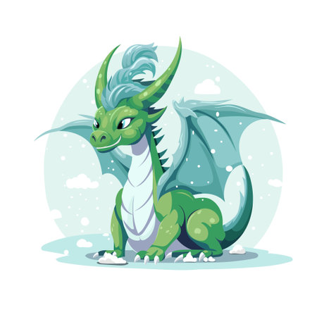 dragon character cartoon. Winter dragon with snow and snowflakes. Symbol of the new year 2024. Green dragon. vector illustration. cartoon style.のイラスト素材