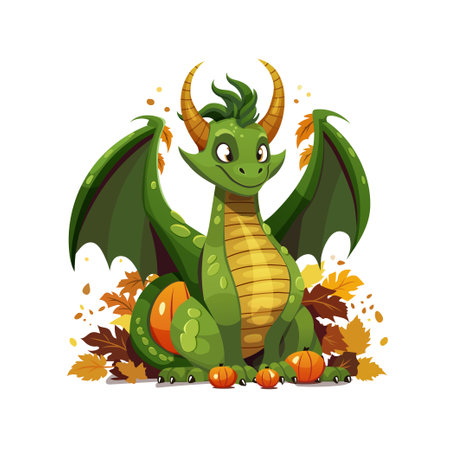 dragon character cartoon. Autumn dragon with pumpkins and leaves. Symbol of the new year 2024. Green dragon. vector illustration. cartoon style.のイラスト素材