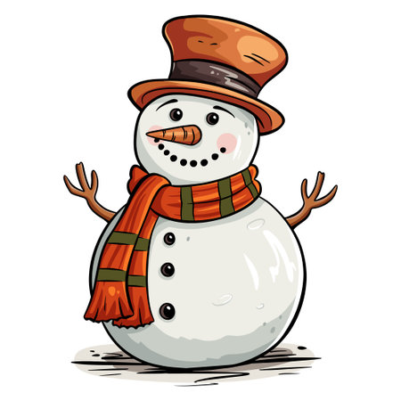 Cartoon snowman with hat and scarf in hand drawn style. Vector illustration for design and decoration.のイラスト素材