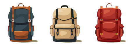 Bright colorful Backpack for camping in flat and cartoon style. Set of vector illustrations of...