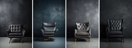 Set of black leather chairs on a dark gray background. Interior furniture.の素材