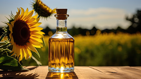 Background bottle with sunflower oil on a wooden table. Place for text. Copy space. There are fields of sunflowers in the background.の素材