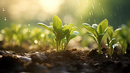 Green sprouts emerge from the ground. Seedlings in drops of water. Background with place for text. Copy space.の素材