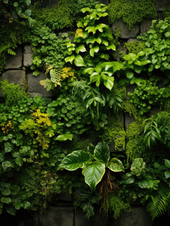 The background is a wall braided with different plants. Living wall. Vertical format.の素材