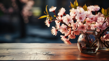 Wooden table with spring flowers. Place for text. Background with copy space. Horizontal format.の素材