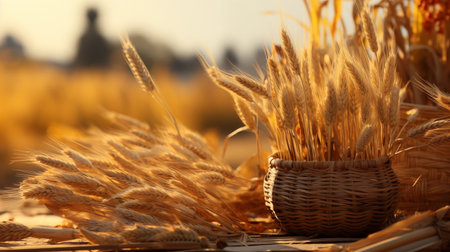 Wheat harvest on a wooden table. Wheat fields. Place for text. Background with copy space. Horizontal format.の素材