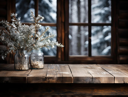 Wooden table and winter landscape background. Copy space. Place for text. Horizontal format.の素材