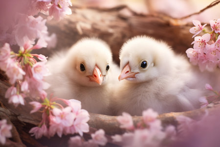 Two small fluffy white chicks in a nest on a tree with pink flowers. Spring and wild nature.の素材
