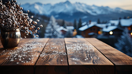 Empty wooden table on a background in a blur winter landscape. Village in the mountains. Copy space. Place for text.の素材