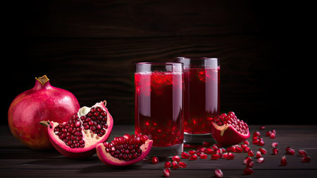 Pomegranates and pomegranate juice on a wooden table. Whole fruits and pieces. Dark background. Copy space.の素材