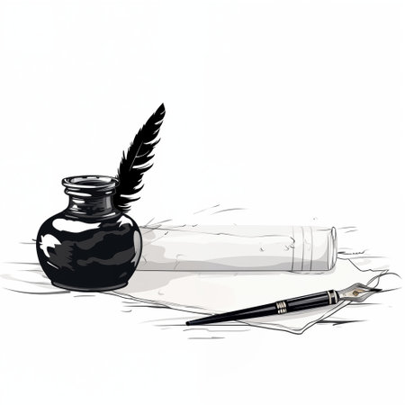 Illustration composition of pen and inkwell. Graphic arts. Place for text. Copy space. On a white background.の素材