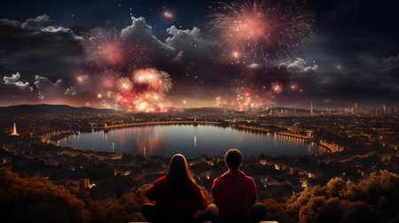 man hugging woman in red coat watching fireworksの素材
