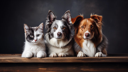 Two dogs and a cat at a wooden table. Studio light. Copy space.の素材