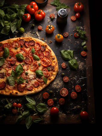 Pizza with sliced salami lies on a dark wooden table. Scattered ingredients. Top view. Copy space. Photo for a banner or restaurant menu.の素材