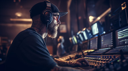 The sound engineer is working at the mixing console. Recording studio Photo for banner or advertising.の素材