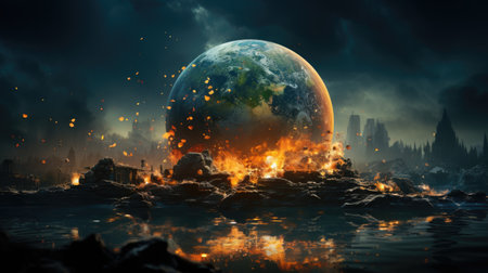 The planet is burning in a mountain of garbage. Environmental protection concept. Let's save the planet.の素材