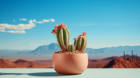 Cactus with flowers in a pot on a table against a desert background. Place for text. Copy space. Wallpaper for banner.の素材