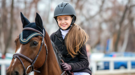 The girl is engaged in horse riding. Horse riding lessons. Copy space. Horizontal format.の素材