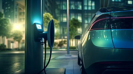 An electric car is parked next to a charger in the city. Macro photography. Copy space. Horizontal format.の素材