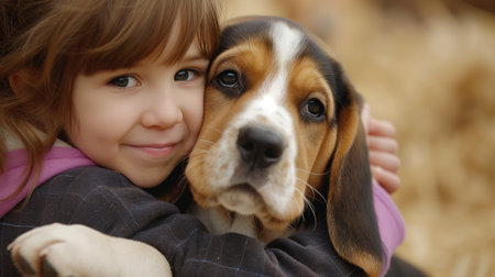 A girl hugs her dog. Dog of the basset hound breed. Copy space.の素材