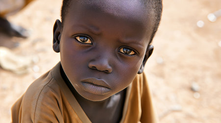 Portrait of an African American child from above. Sad facial expression. Copy space. Horizontal format.の素材