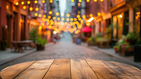 Empty wooden round table on a street background. A small cozy street with lights. Copy space.の素材