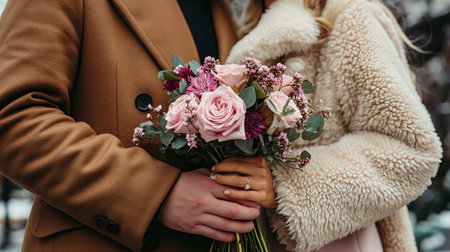 Hands of a couple with an engagement ring and a bouquet. A man and a woman in a coat. Macro photography. Copy space.の素材